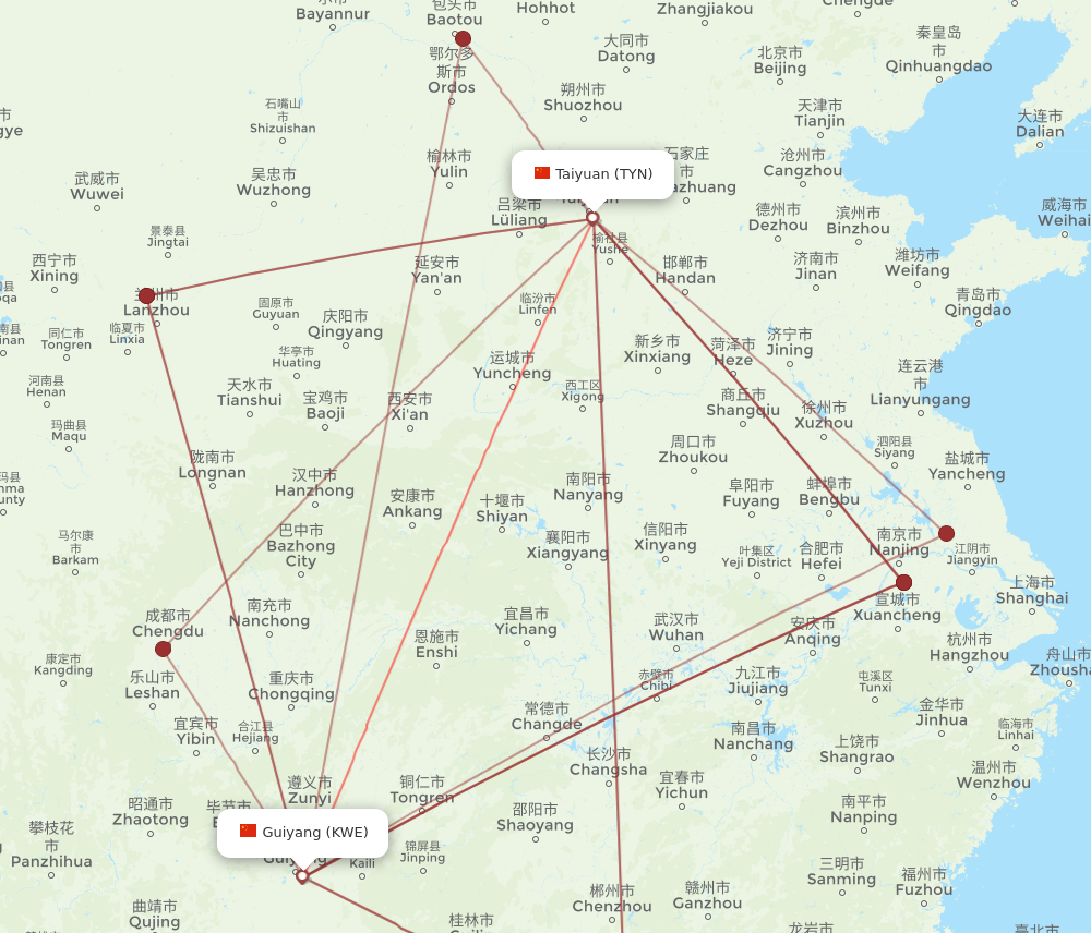 KWE to TYN flights and routes map