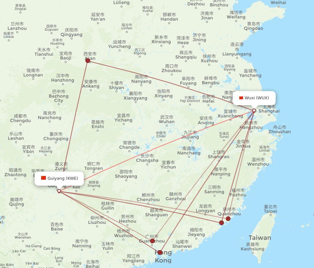 KWE to WUX flights and routes map