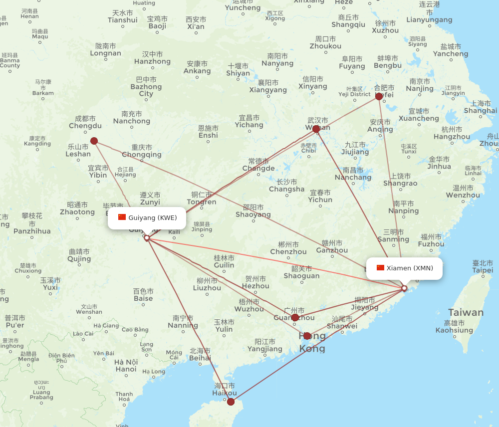 KWE to XMN flights and routes map