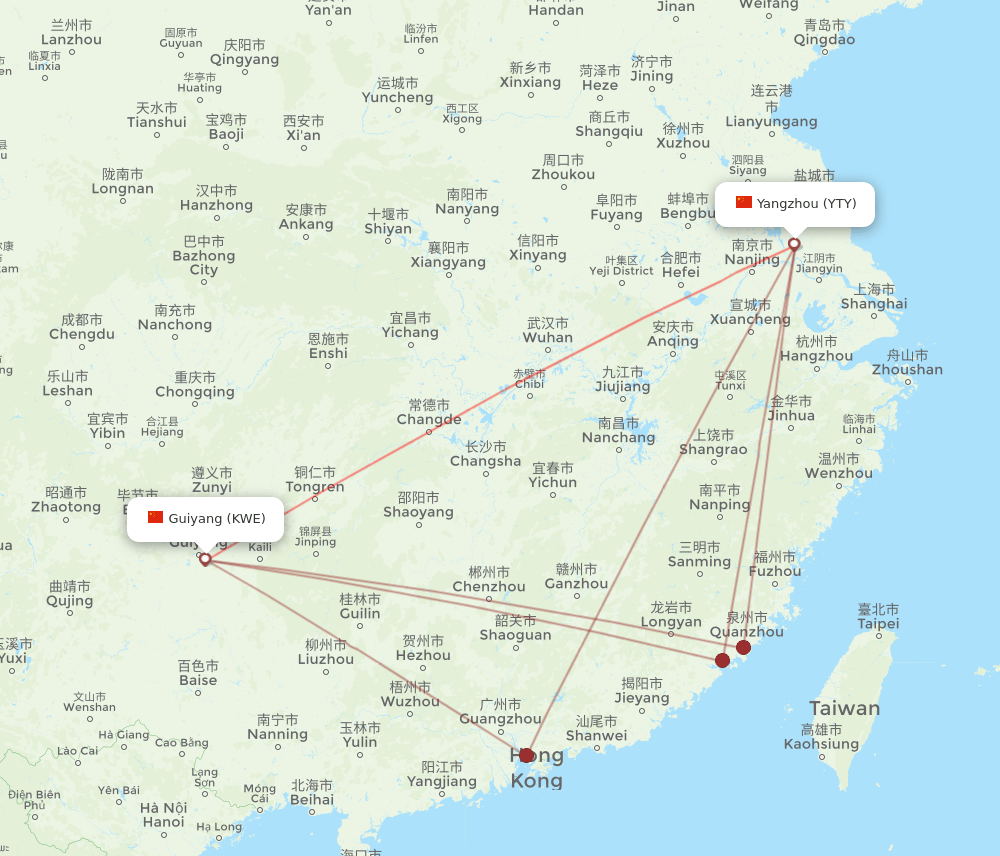 KWE to YTY flights and routes map