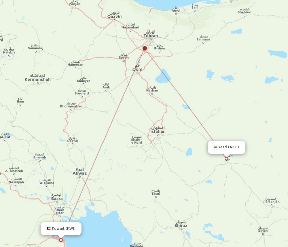 Kuwait - Yazd route map and flight paths