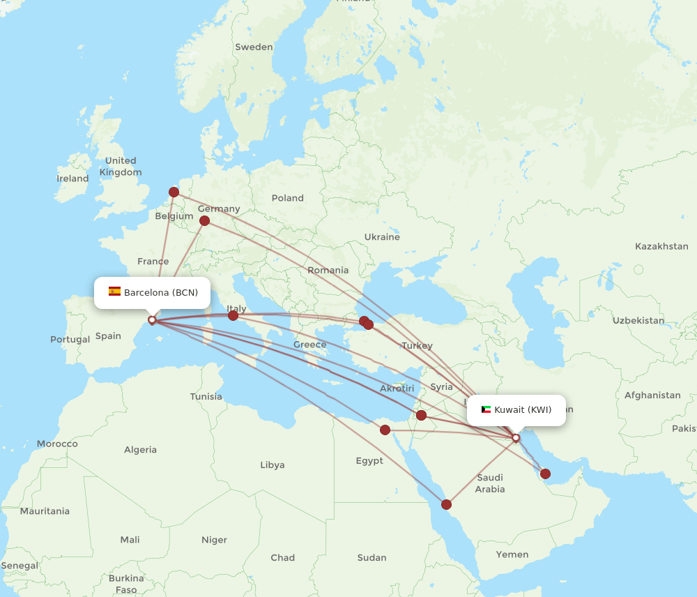KWI-BCN flight routes