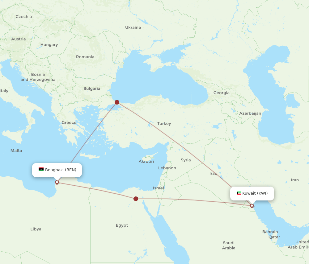 KWI to BEN flights and routes map