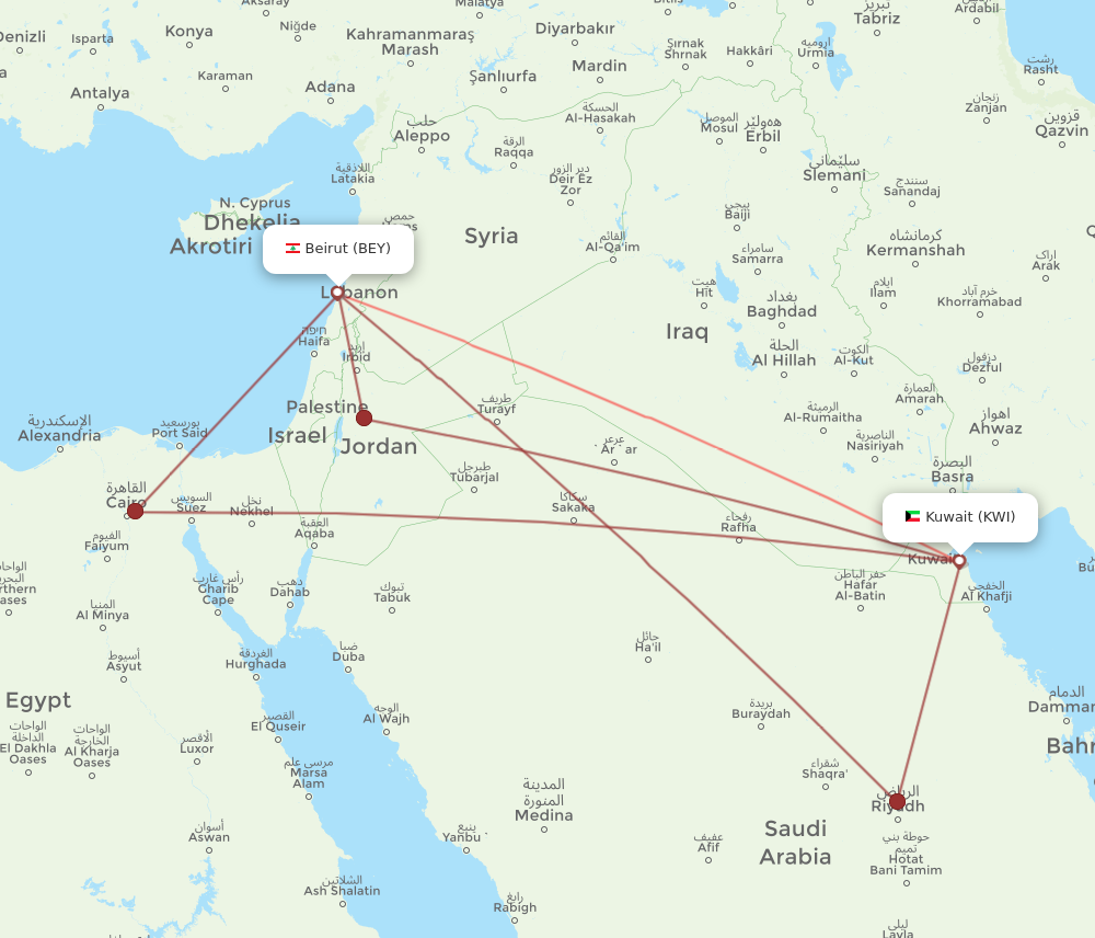 KWI to BEY flights and routes map
