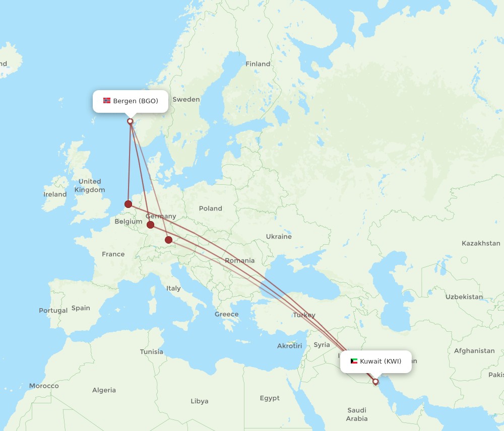 KWI to BGO flights and routes map