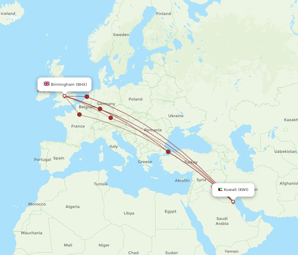 KWI-BHX flight routes