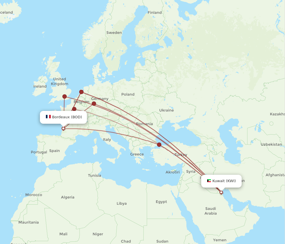 KWI-BOD flight routes