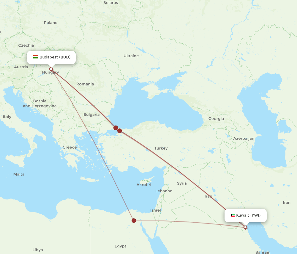KWI to BUD flights and routes map