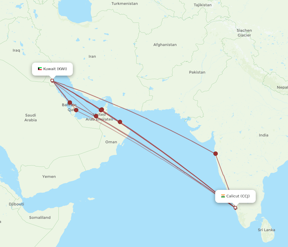 KWI to CCJ flights and routes map