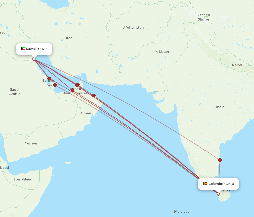 KWI to CMB flights and routes map