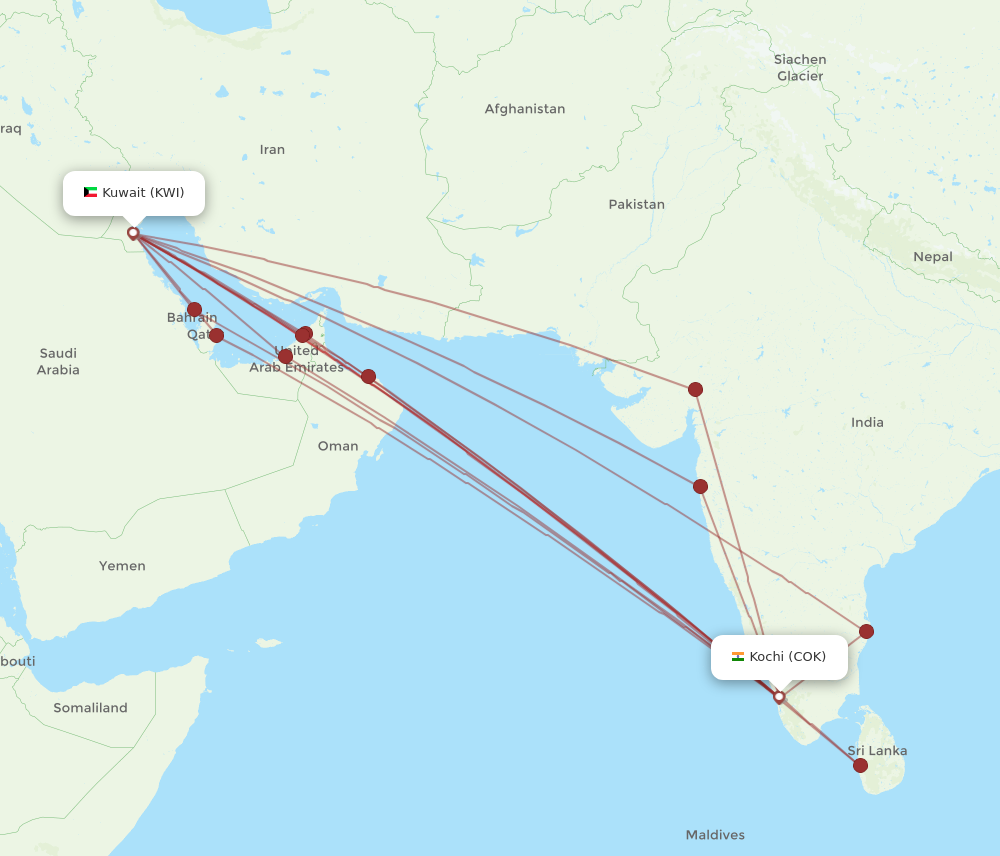 KWI to COK flights and routes map