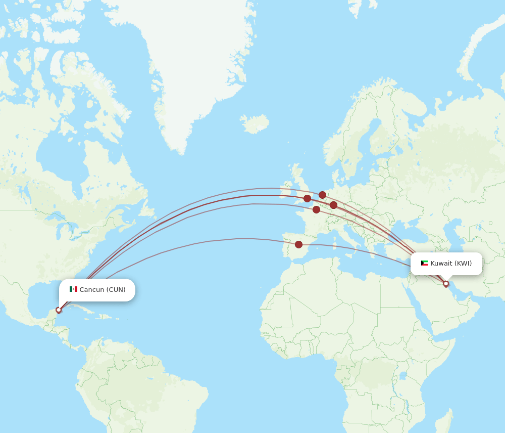 KWI to CUN flights and routes map