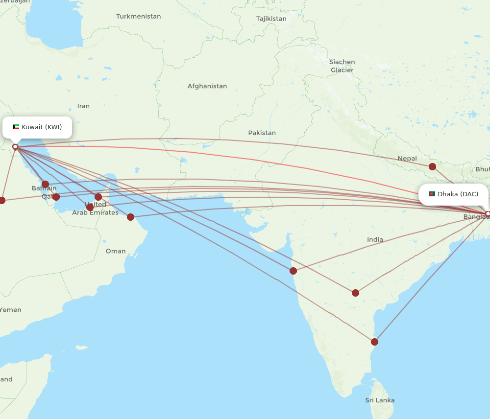 KWI to DAC flights and routes map
