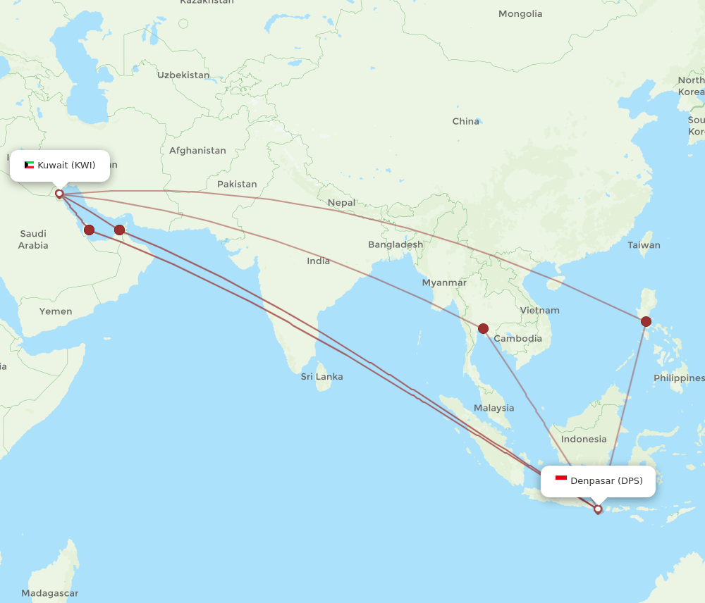 KWI to DPS flights and routes map