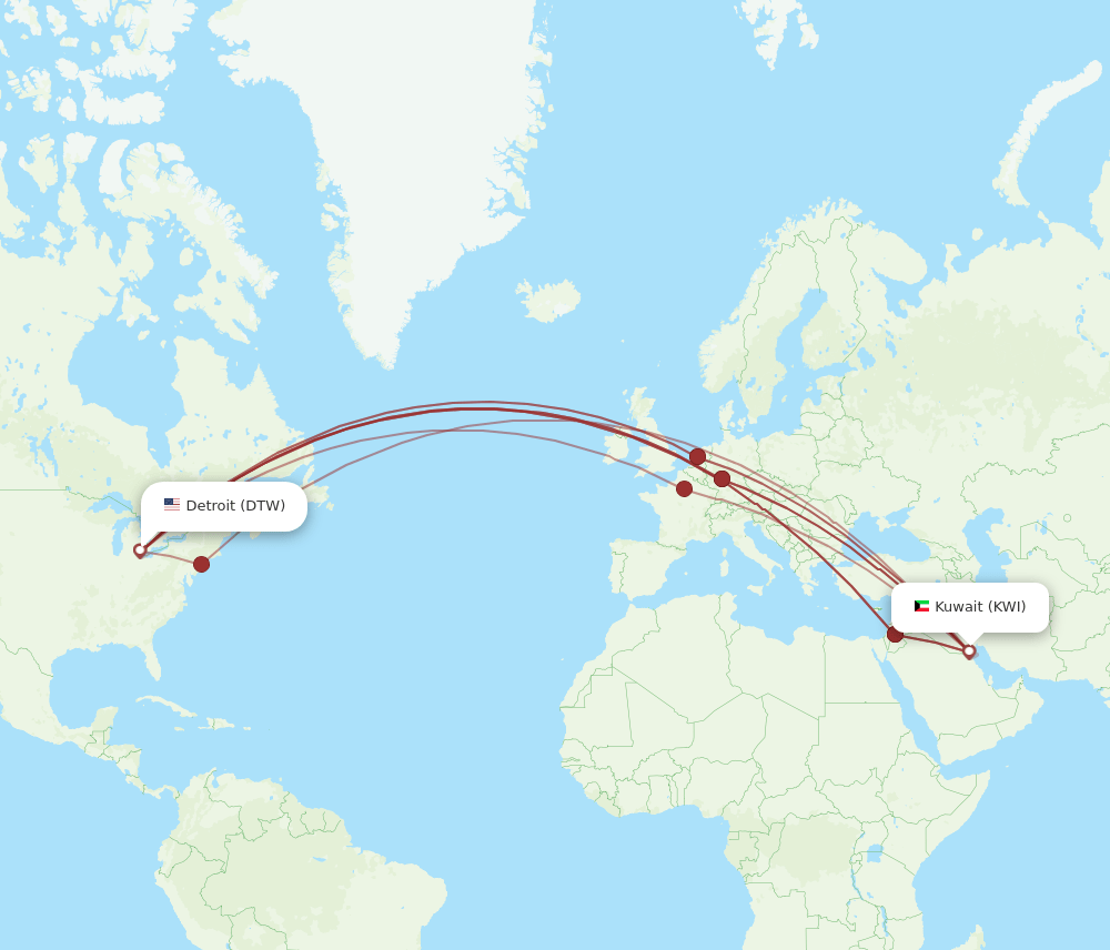 KWI to DTW flights and routes map
