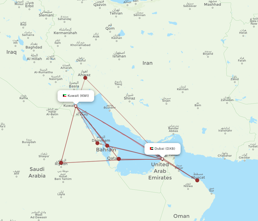 KWI to DXB flights and routes map