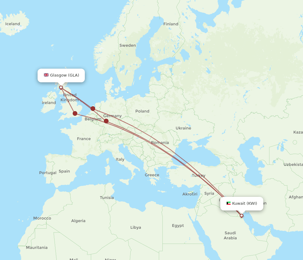 KWI to GLA flights and routes map