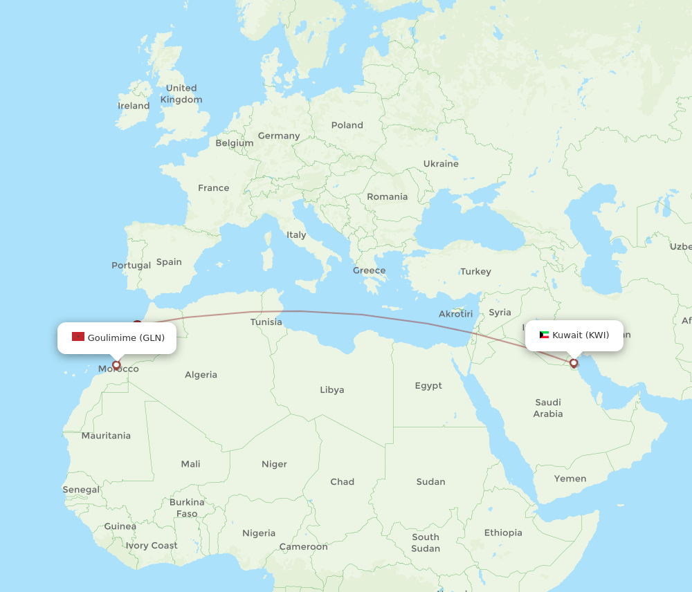 KWI-GLN flight routes