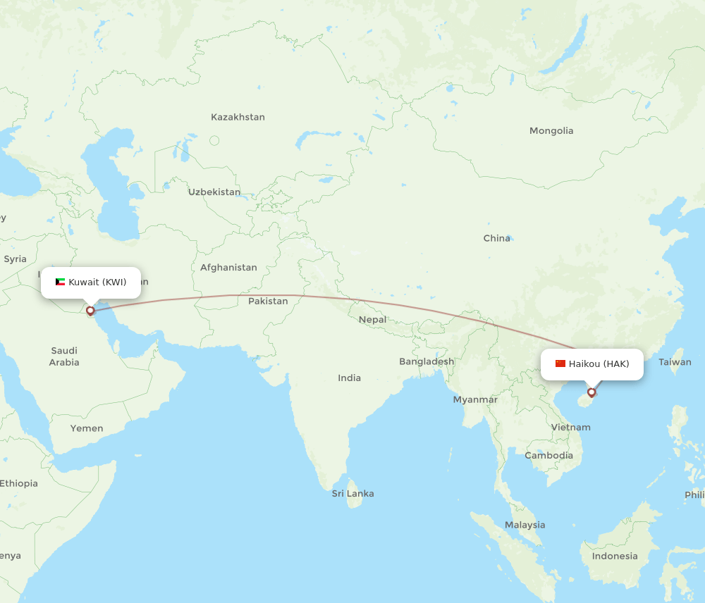Kuwait - Haikou route map and flight paths