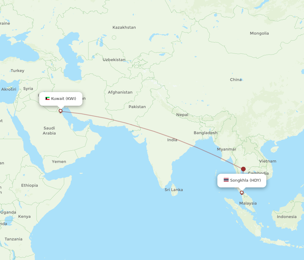 Hat Yai - Kuwait route map and flight paths