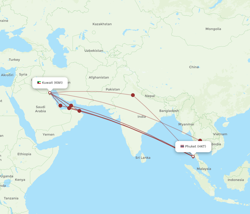 KWI to HKT flights and routes map