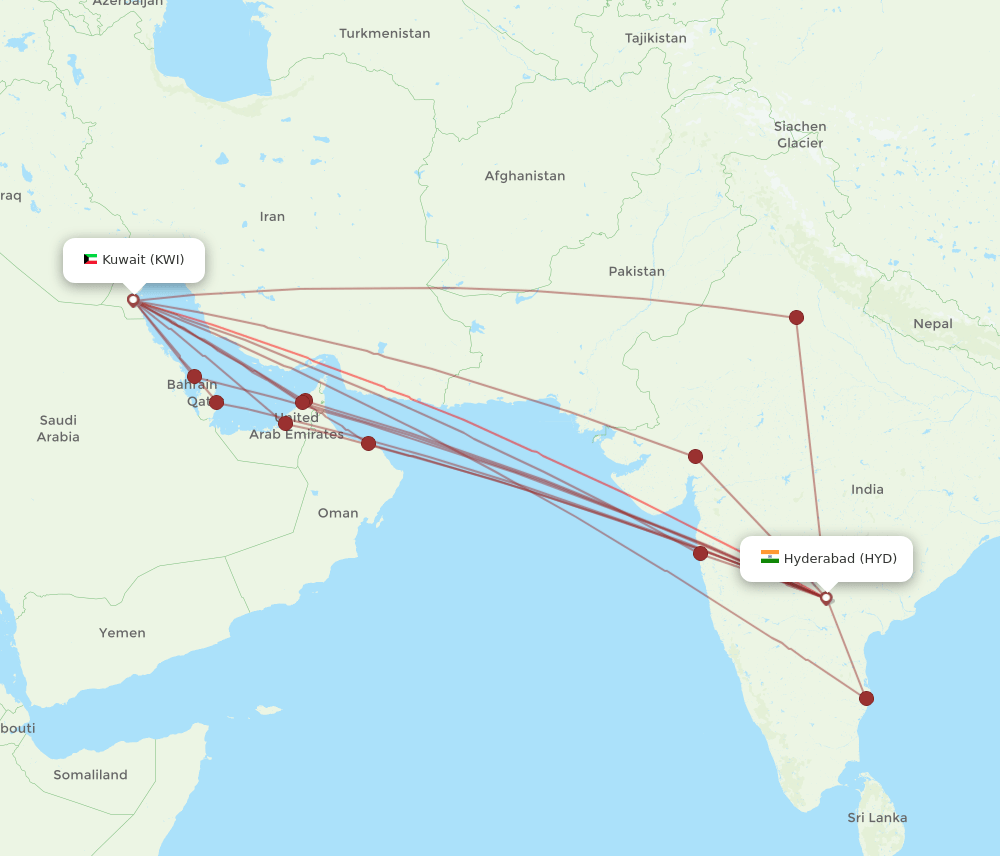 KWI-HYD flight routes