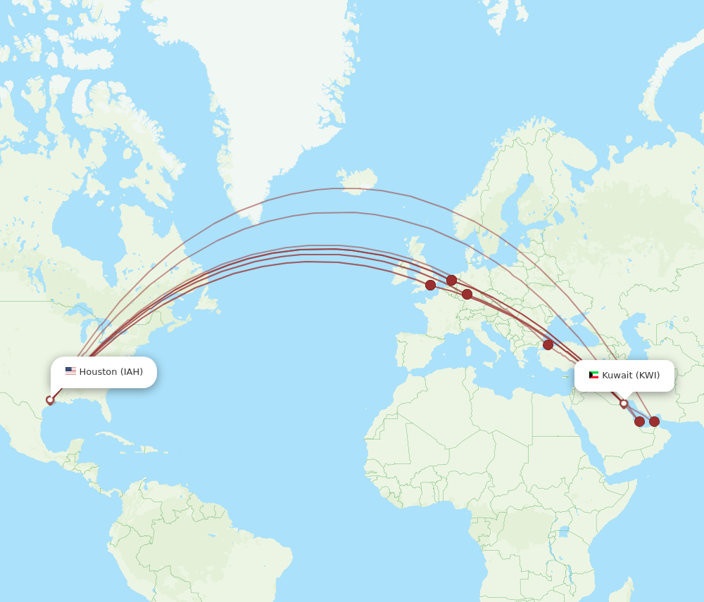 KWI to IAH flights and routes map