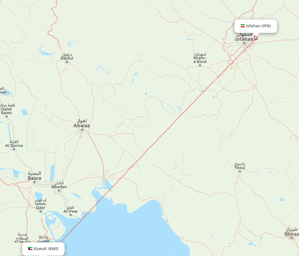 Kuwait - Isfahan route map and flight paths