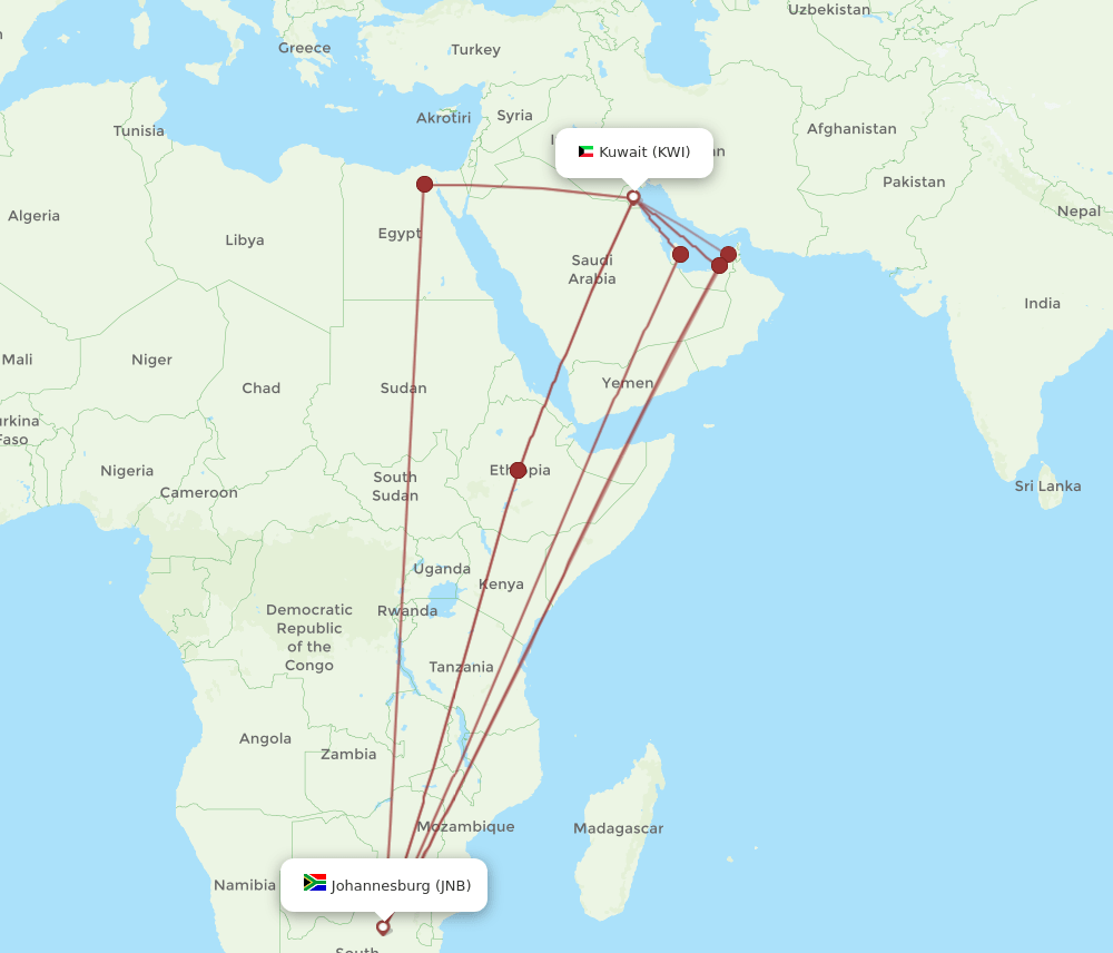 KWI-JNB flight routes