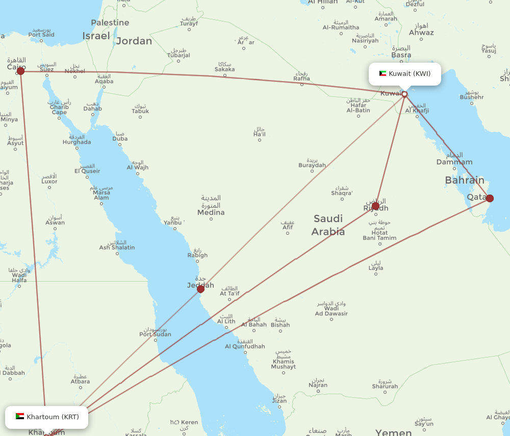 Kuwait - Khartoum route map and flight paths