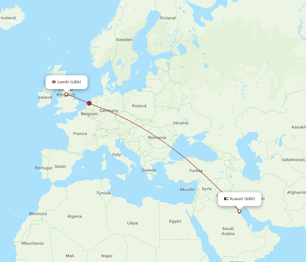 KWI-LBA flight routes