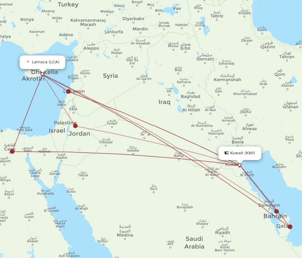 KWI-LCA flight routes