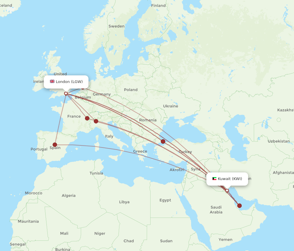 KWI-LGW flight routes