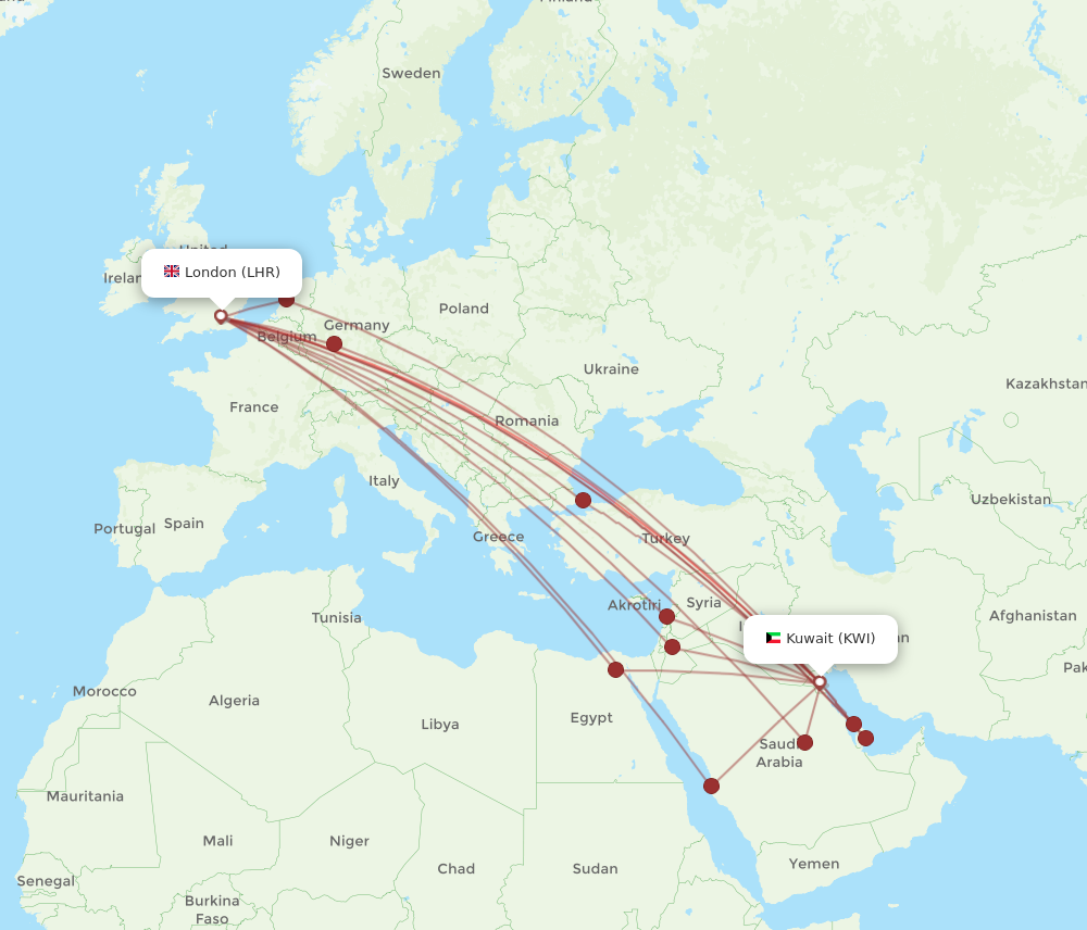 KWI to LHR flights and routes map