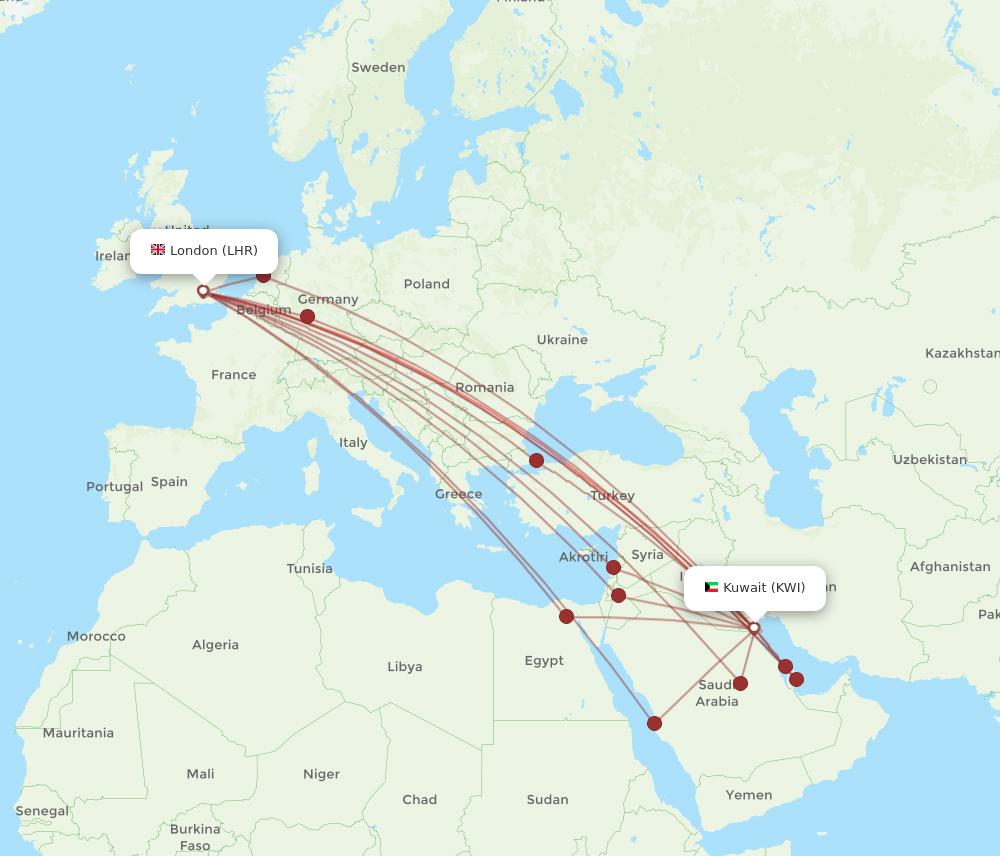KWI-LHR flight routes