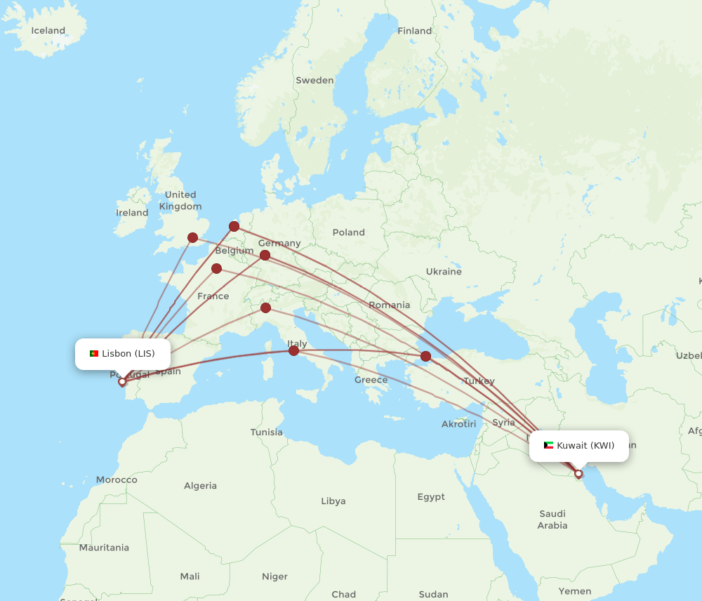 KWI to LIS flights and routes map
