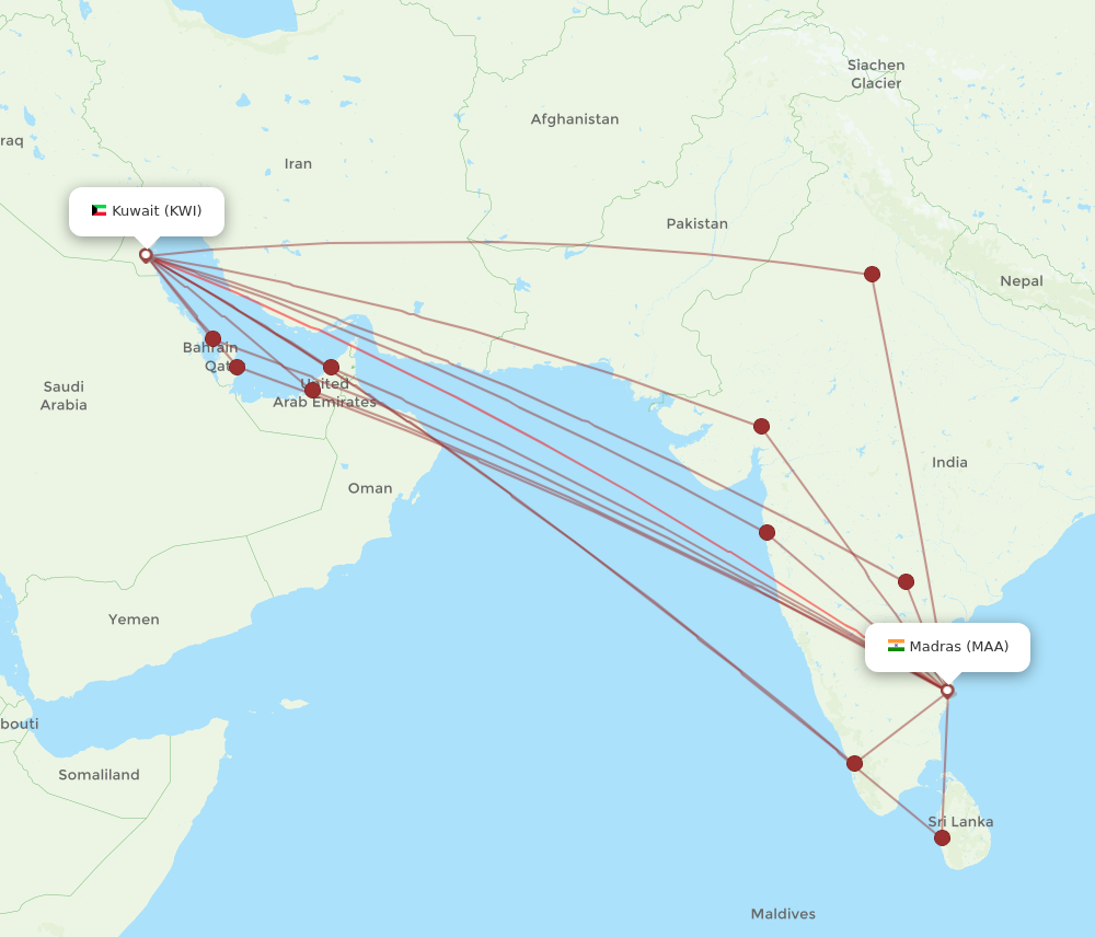 KWI to MAA flights and routes map