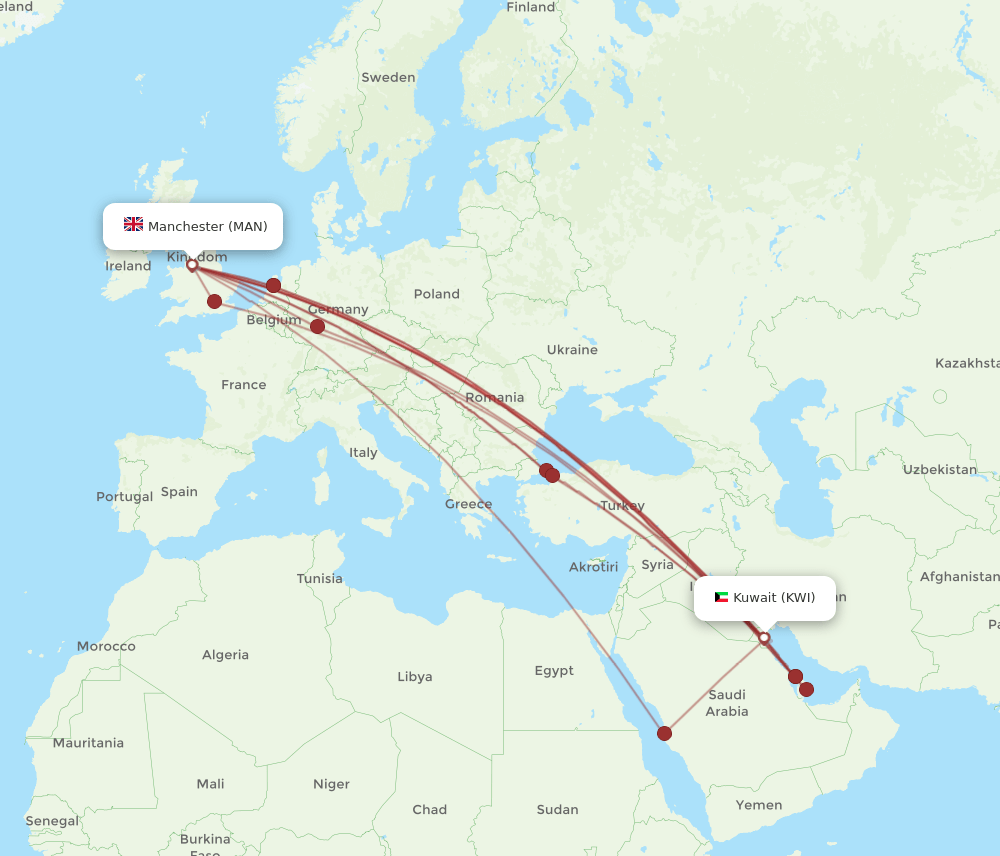 KWI-MAN flight routes