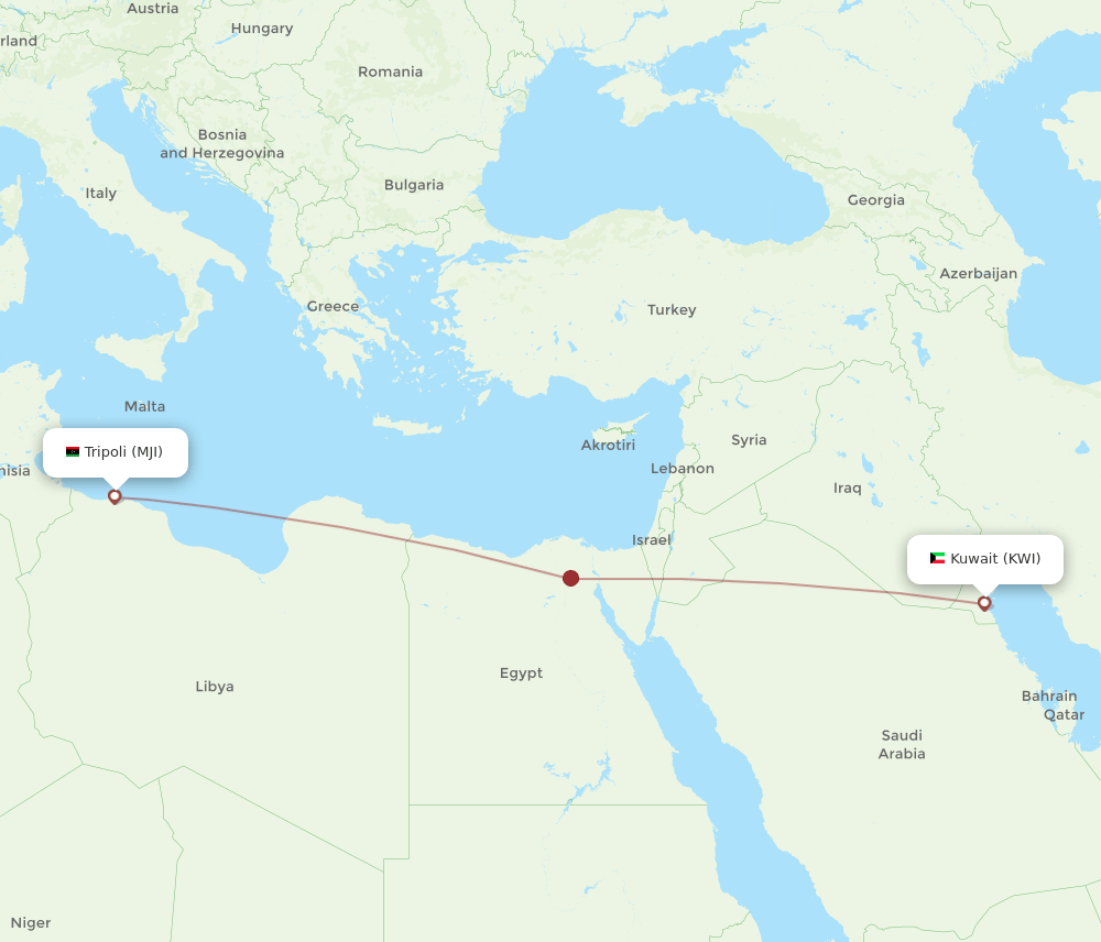 KWI to MJI flights and routes map