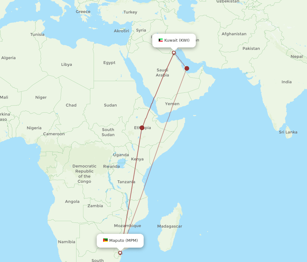KWI to MPM flights and routes map