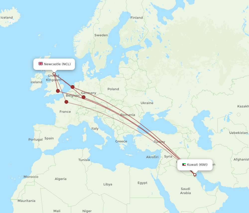 KWI-NCL flight routes