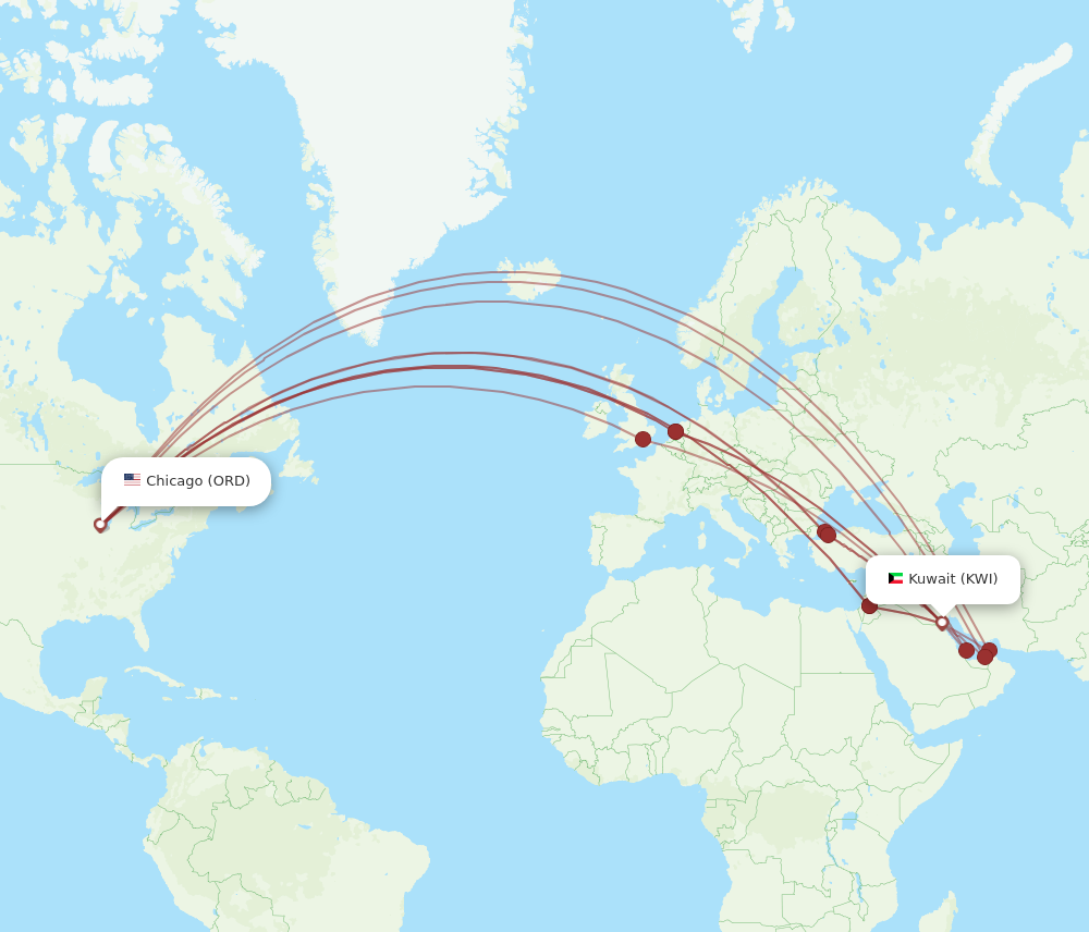 KWI to ORD flights and routes map