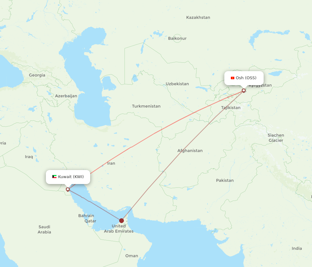 Kuwait - Osh route map and flight paths