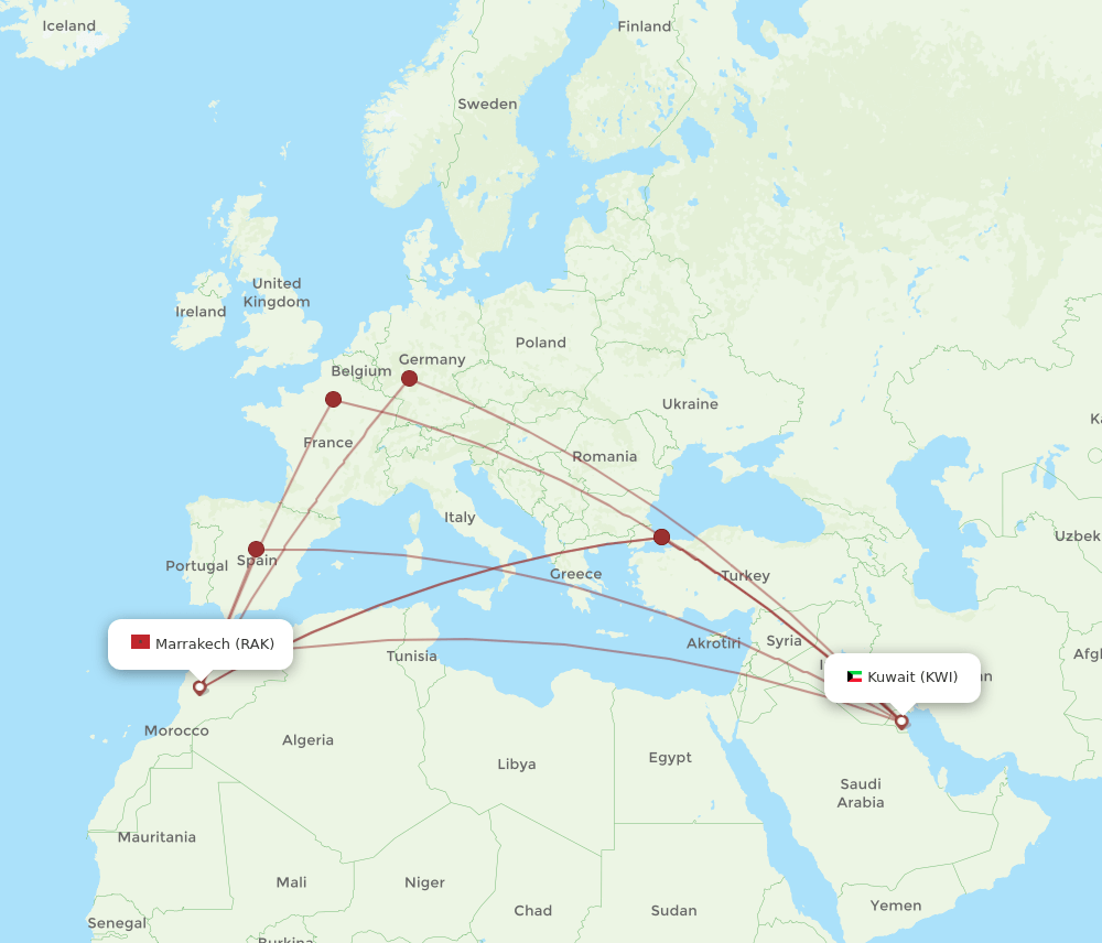 KWI-RAK flight routes