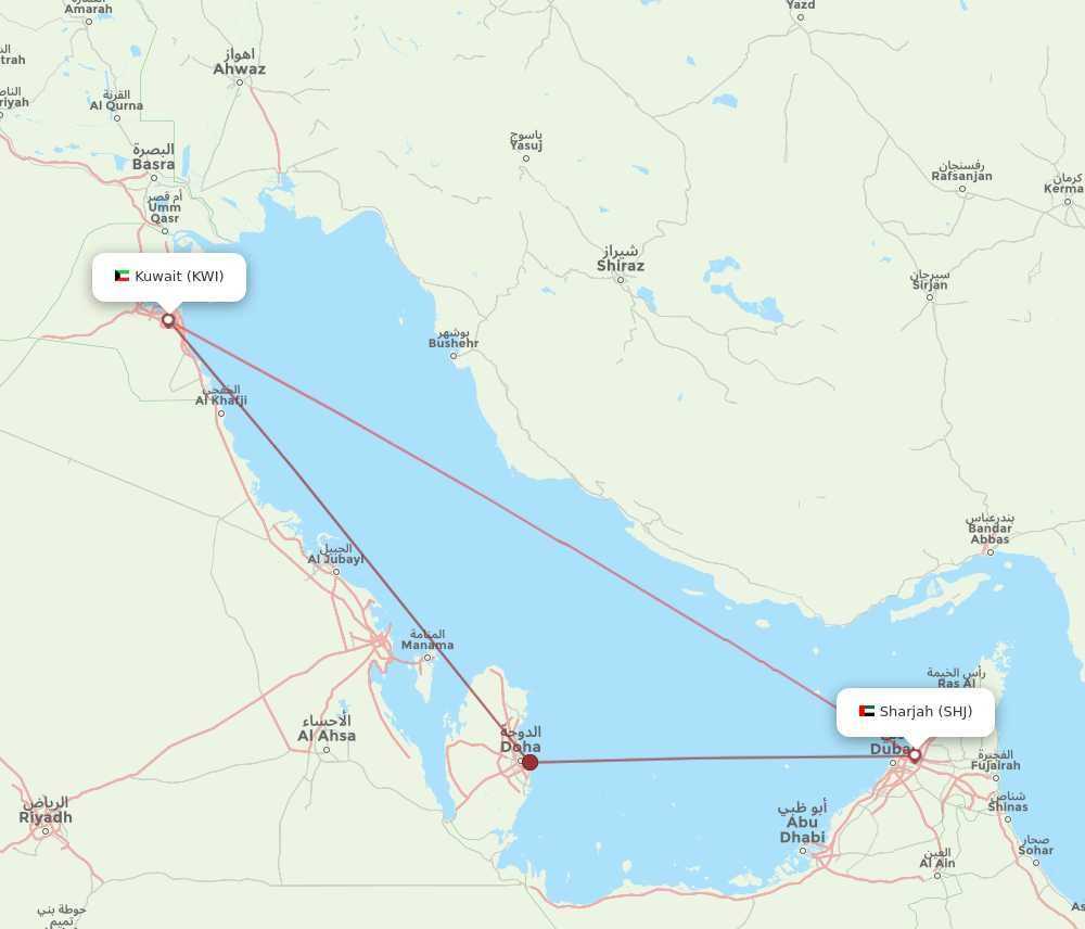 KWI to SHJ flights and routes map