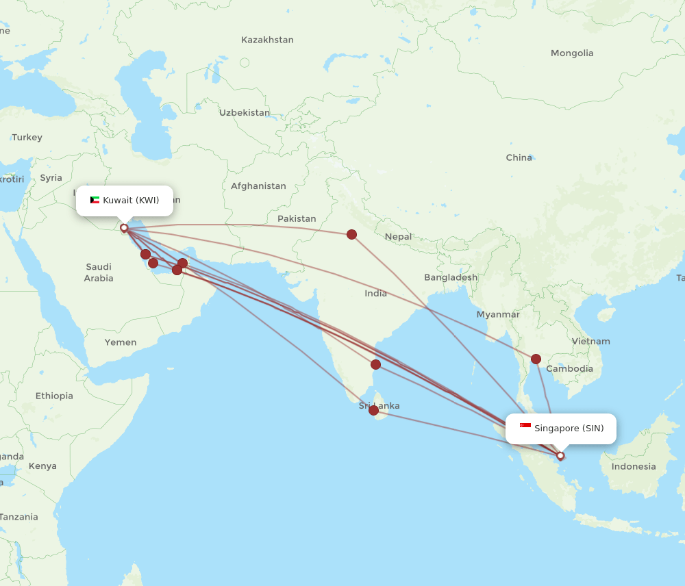 KWI-SIN flight routes