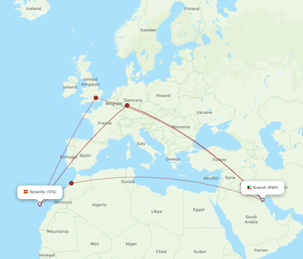 KWI-TFS flight routes