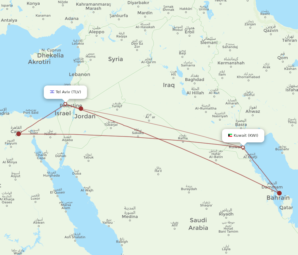KWI to TLV flights and routes map