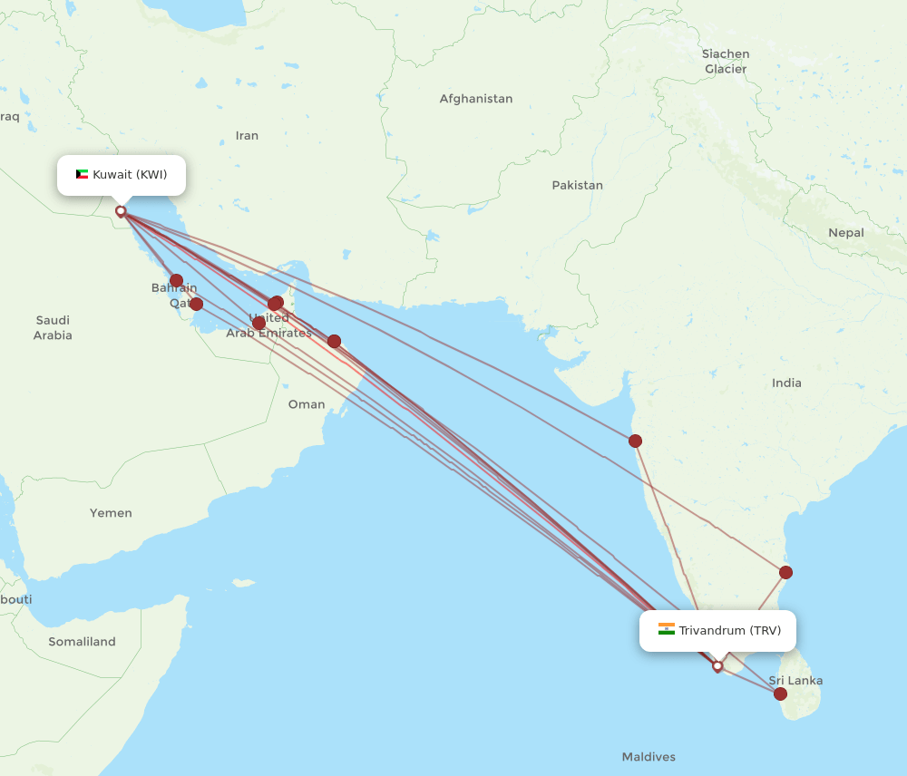 KWI to TRV flights and routes map