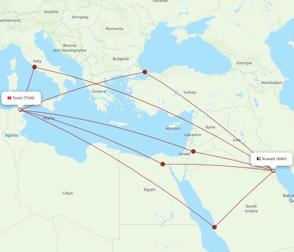 KWI-TUN flight routes